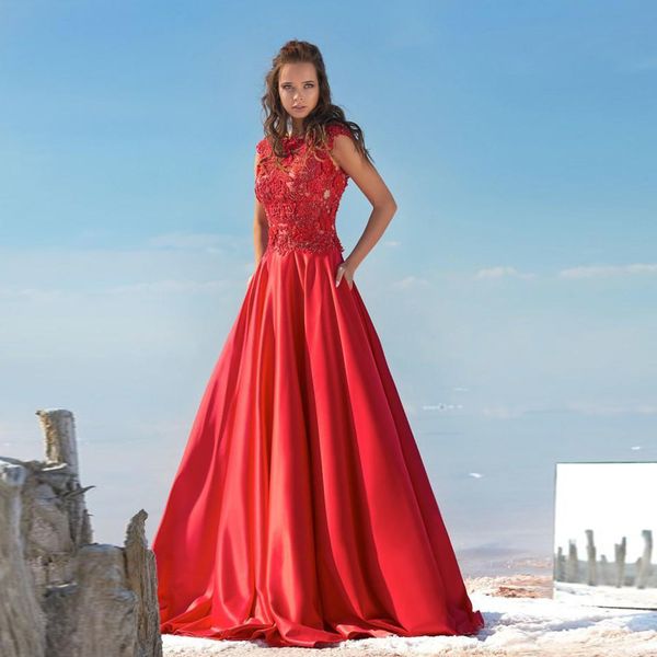 chic red a-line satin prom dresses crow neck cap sleeve appliques beaded draped formal gown swep train satin backless evening party dress, Black
chic red a-line satin prom dresses crow neck cap sleeve appliques beaded draped formal gown swep train satin backless evening party dress, Black
