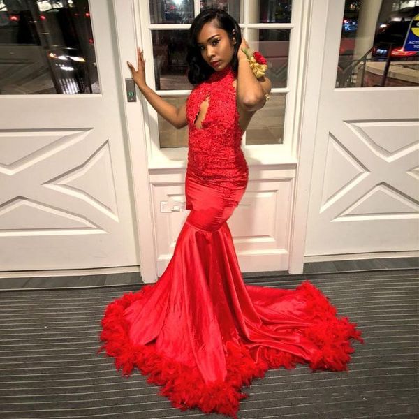 stunning red backless feather prom dresses 2019 halter lace appliques bead sequin africa prom gown sweep train evening party dress, Black
stunning red backless feather prom dresses 2019 halter lace appliques bead sequin africa prom gown sweep train evening party dress, Black