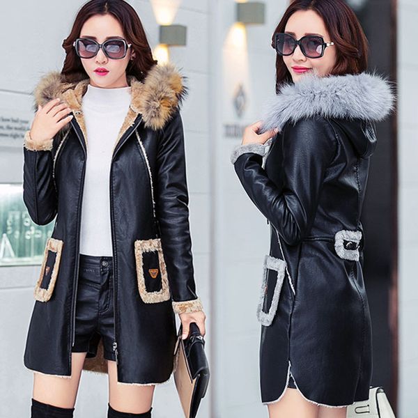 

winter faux leather trench jacket women's outerwear hair collar coats lamb wool zipper fur lined leather jackets female suede, Black