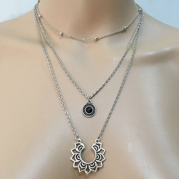 bohemian women's hollow flower necklace retro multilayer pendant black rhinestone pendant fashion ladies party jewelry, Silver
bohemian women's hollow flower necklace retro multilayer pendant black rhinestone pendant fashion ladies party jewelry, Silver