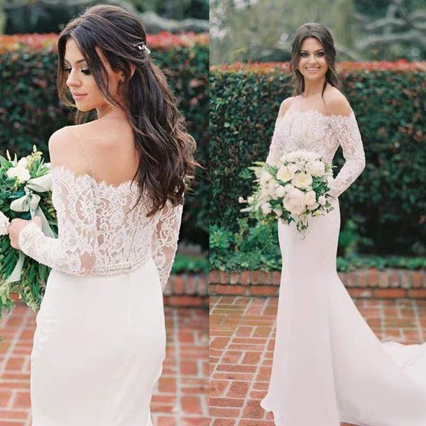lace long sleeve mermaid wedding dress 2020 see through tulle off the shough boho bridal gowns simple vestido de noiva, White
