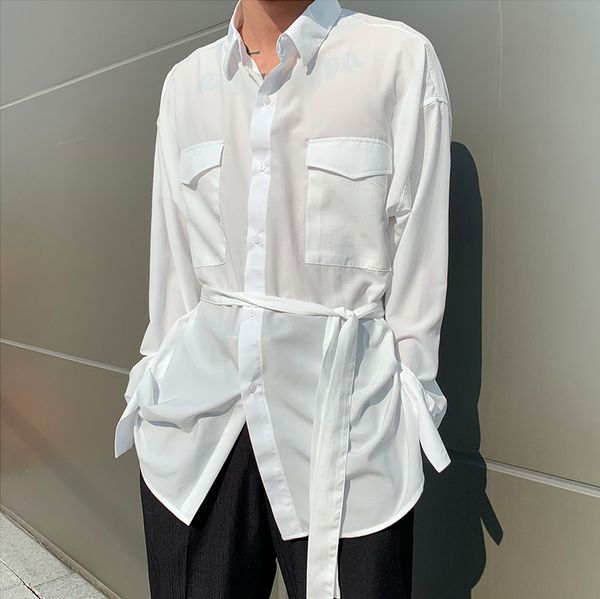 men's casual shirts male women korea japan streetwear fashion retro couple white men belt long sleeve loose shirt, White;black
men's casual shirts male women korea japan streetwear fashion retro couple white men belt long sleeve loose shirt, White;black