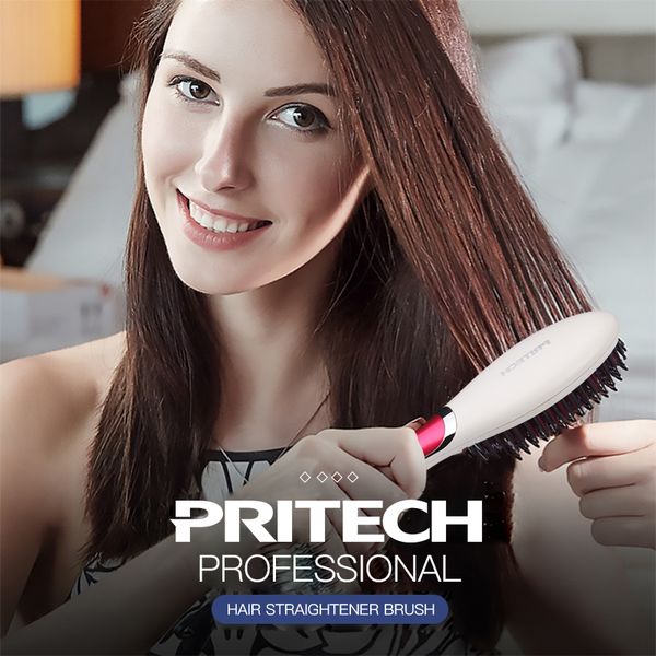 

pritech hair straightener brush thermostatic straightening irons negative ionic comb flat iron harmless scalp massage brush, Black