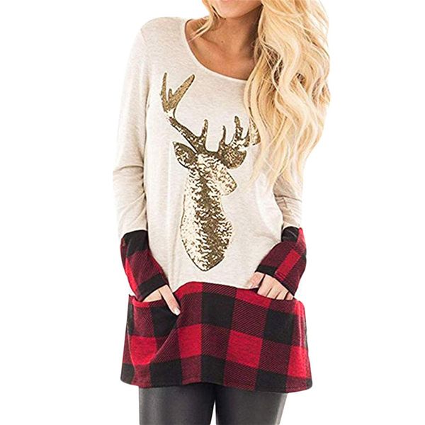christmas womens designer t shirts plaid panelled gold reindeer printed womens tees casual long sleeved crew neck t shirts, White
christmas womens designer t shirts plaid panelled gold reindeer printed womens tees casual long sleeved crew neck t shirts, White