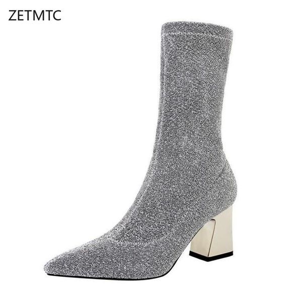 ankle boots for women sequined cloth slip-on pointed toe square heel high 7cm socks boots short plush warm winter shoes woman, Black
ankle boots for women sequined cloth slip-on pointed toe square heel high 7cm socks boots short plush warm winter shoes woman, Black
