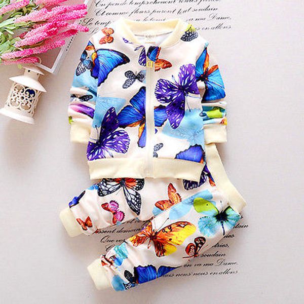 flower baby girls butterfly coat +pants 2pcs outfits kids spring clothes set, White