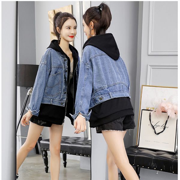 real swomen's casual denim jacket 2019 new fashion spring and autumn fake two pieces mosaic hooded denim jacket, Black;brown
real swomen's casual denim jacket 2019 new fashion spring and autumn fake two pieces mosaic hooded denim jacket, Black;brown