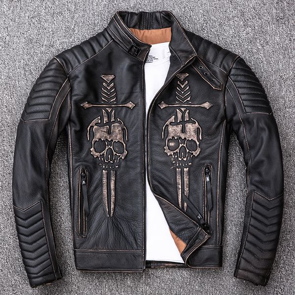 2020 fashion skull genuine leather jacket men short retro vintage cowhide slim fit stand collar motorcycle biker leather coat, Black
2020 fashion skull genuine leather jacket men short retro vintage cowhide slim fit stand collar motorcycle biker leather coat, Black
