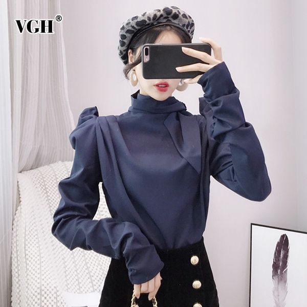

vgh spring women t-shirt long sleeve asymmetrical collar loose oversize slim fold female t-shirt 2019 fashion korean new, White