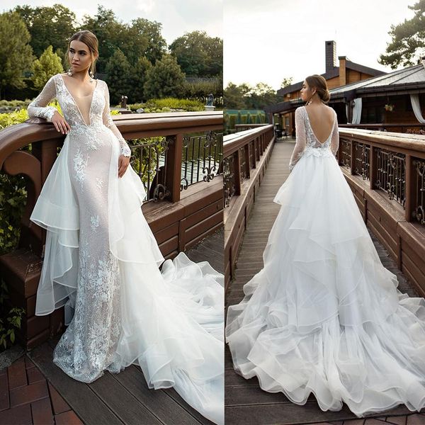 backless mermaid wedding dress with detachable train v neck appliqued long sleeves cascading ruffles bridal dresses vestidos de novia, White
backless mermaid wedding dress with detachable train v neck appliqued long sleeves cascading ruffles bridal dresses vestidos de novia, White