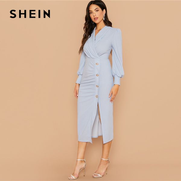 shein blue shawl collar lantern sleeve button front split hem elegant dress women 2019 autumn high waist midi pencil dresses, Black;gray
shein blue shawl collar lantern sleeve button front split hem elegant dress women 2019 autumn high waist midi pencil dresses, Black;gray