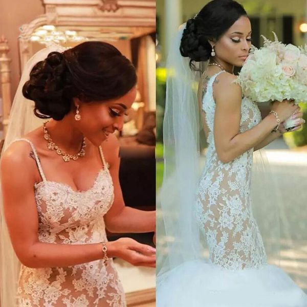 african mermaid wedding dresses with lace appliques low back spaghetti straps backless wedding dress sweep train country bridal gowns, White
african mermaid wedding dresses with lace appliques low back spaghetti straps backless wedding dress sweep train country bridal gowns, White