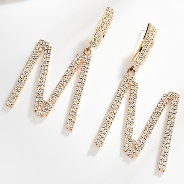 1 pair shiny full rhinestone big letter m drop earrings for women crystal jewelry, Silver 
1 pair shiny full rhinestone big letter m drop earrings for women crystal jewelry, Silver
