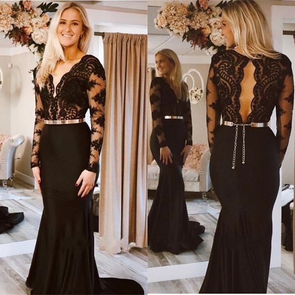 v neck long sleeve black mermaid evening dresses backless sweep train lace applique formal prom dresses with sash, Black;red
v neck long sleeve black mermaid evening dresses backless sweep train lace applique formal prom dresses with sash, Black;red