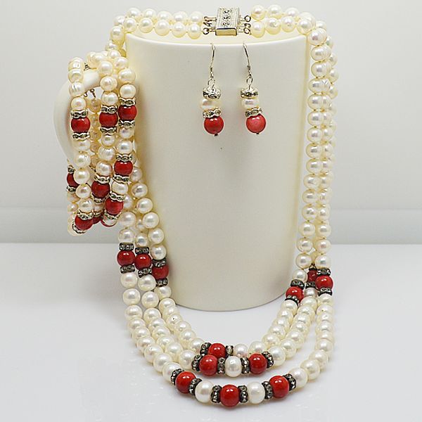 beautiful women gift pearl jewelry luck red coral rhinestone white genuine freshwater pearl necklace bracelet earrings set, Silver 
beautiful women gift pearl jewelry luck red coral rhinestone white genuine freshwater pearl necklace bracelet earrings set, Silver