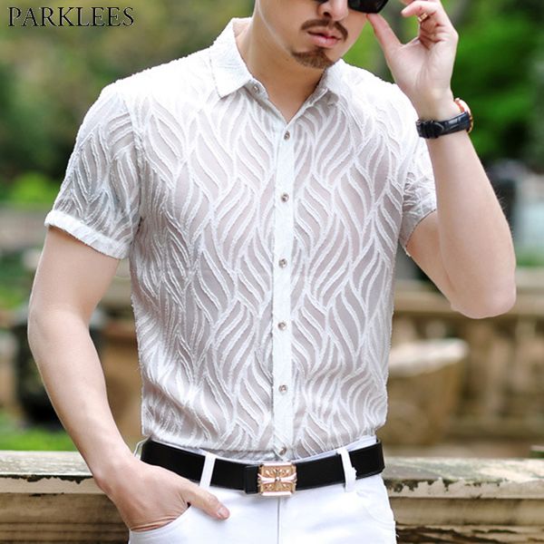 men's casual shirts luxury wave pattern lace shirt men 2021 transparent mens dress shrits see through fishnet blouse chemise homme, White;black
men's casual shirts luxury wave pattern lace shirt men 2021 transparent mens dress shrits see through fishnet blouse chemise homme, White;black