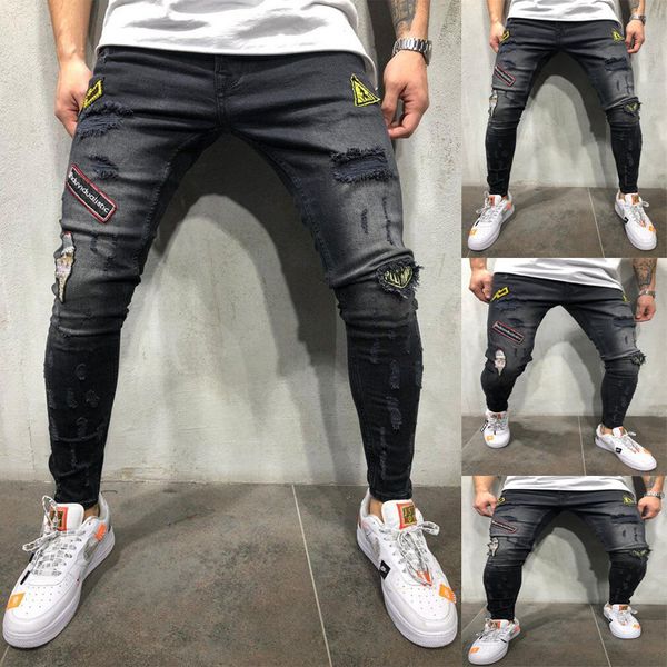 mens designer embroidered hole jeans stretch leggings, Blue