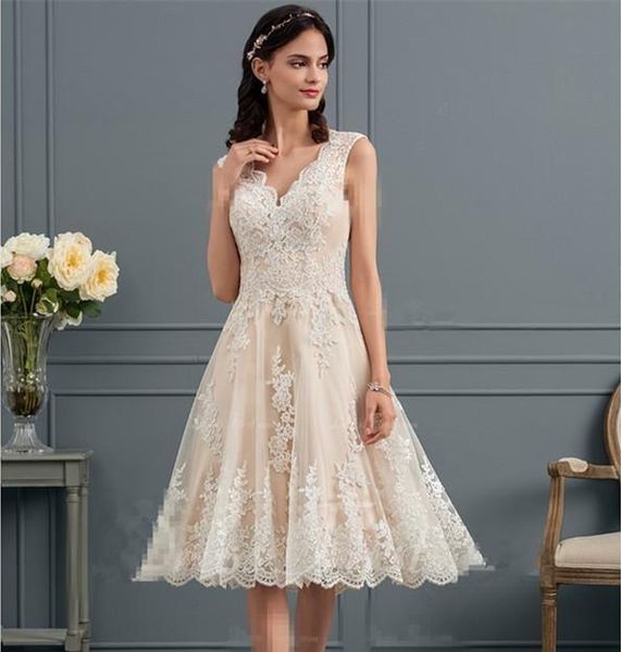 champagne lace beach wedding dresses hollow back lace bridal gowns custom knee length v neck backless bridal dresses, White
champagne lace beach wedding dresses hollow back lace bridal gowns custom knee length v neck backless bridal dresses, White