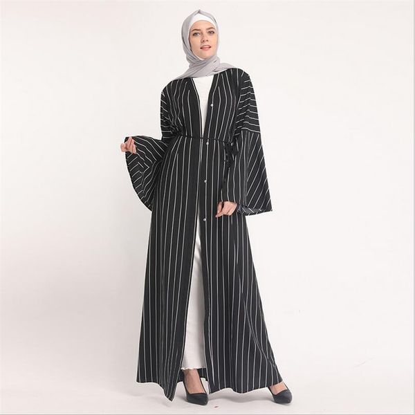 

2019 new women stripe muslim abaya cardigan in dubai fashion turkey evening dress plus size islamic clothing pagoda sleeve s-2xl, Red