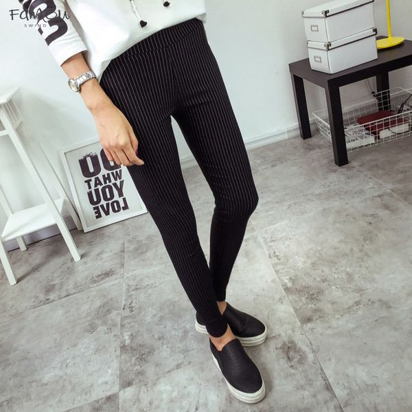 Bivigaos New Womens Vertical Stripes Woven Slim Pencil Pants Skinny High Waist Pants Elastic Fleece Leggings Trousers Women Black White