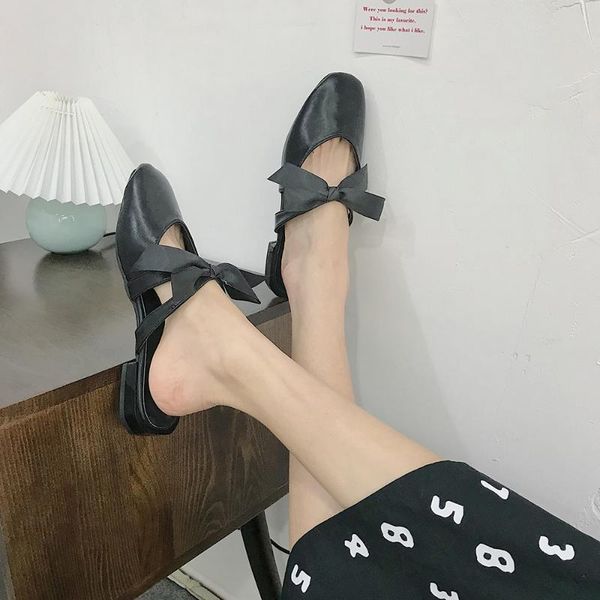 baotou half slippers female wear 2020 spring new korean version wild bow tie square head casual thick heel sandals tide, Black