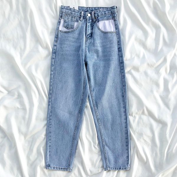light blue high waist pocket design slim straight casual denim trousers 
light blue high waist pocket design slim straight casual denim trousers
