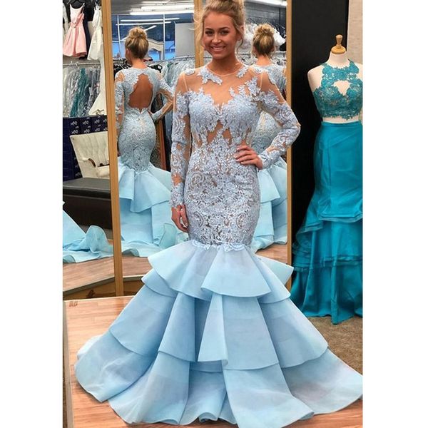 long sleeves mermaid evening dresses sheer neck lace organza backless light sky blue evening gown prom dresses formal dresses, Black;red
long sleeves mermaid evening dresses sheer neck lace organza backless light sky blue evening gown prom dresses formal dresses, Black;red