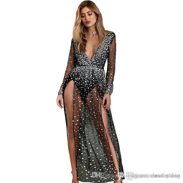 fluorescent split women dress deep v neck sequins sheer dresses club long black dress female clothing, White;black
fluorescent split women dress deep v neck sequins sheer dresses club long black dress female clothing, White;black