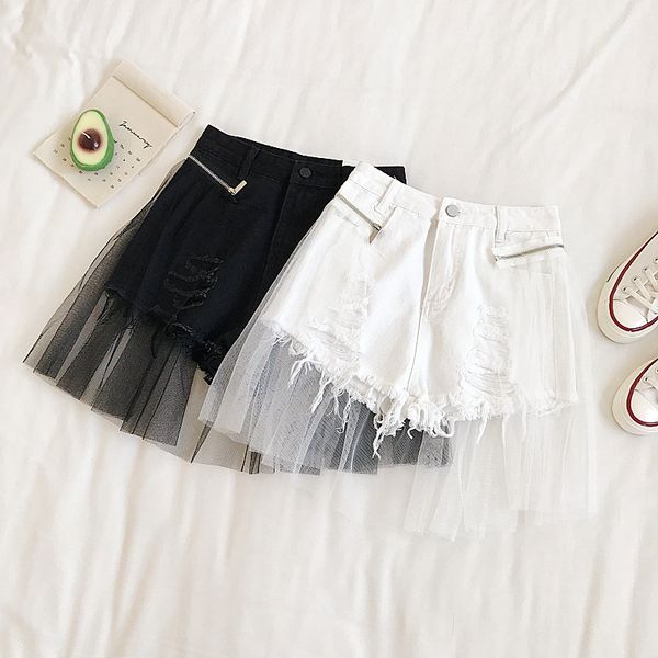 women's shorts 2021 summer frayed splice black denim women gauze high waist fake two-piece woman white zipper mini jean, White;black