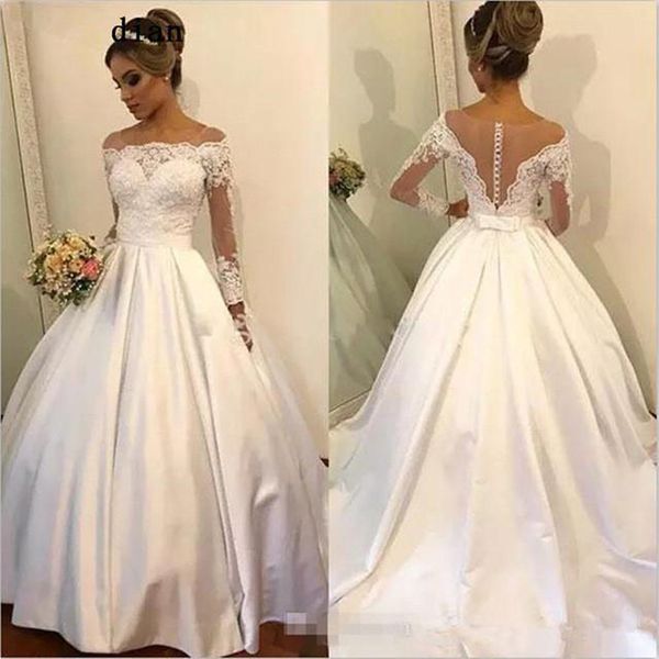 vintage lace satin plus size a line wedding dresses bateau neck long sleeve appliques wedding dress bridal gowns robe de mariée, White
vintage lace satin plus size a line wedding dresses bateau neck long sleeve appliques wedding dress bridal gowns robe de mariée, White