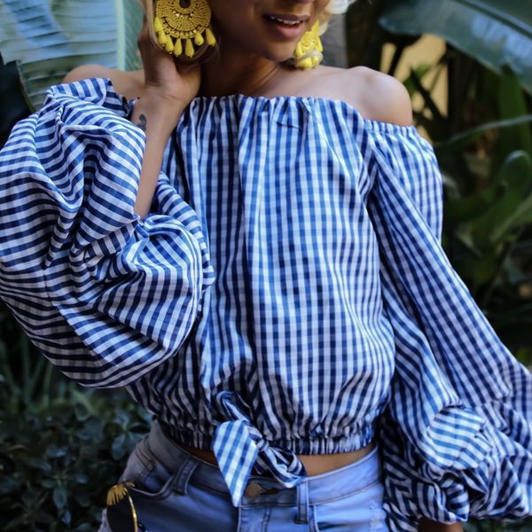 new elegant women off shoulder long sleeves puff sleeves casual loose long sleeve plaid blouse shirts, White
new elegant women off shoulder long sleeves puff sleeves casual loose long sleeve plaid blouse shirts, White