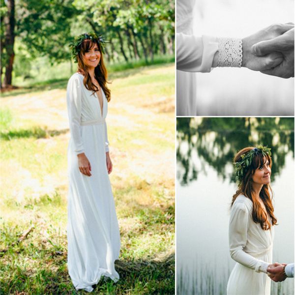 classic long sleeve wedding dresses deep v neck backless bohemian beach bridal gown chiffon vestido de novia, White
classic long sleeve wedding dresses deep v neck backless bohemian beach bridal gown chiffon vestido de novia, White