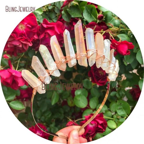 rose gold or silver wire wrapped iridescent crystal point crown aura quartz tiara crown on a flexible metal headband, Golden;white 
rose gold or silver wire wrapped iridescent crystal point crown aura quartz tiara crown on a flexible metal headband, Golden;white