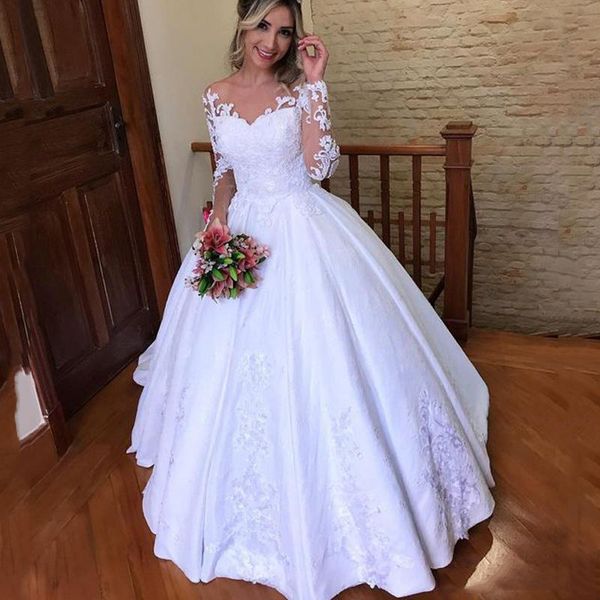 custom long sleeves lace ball gown wedding dresses 2019 with appliques jewel neck sweep train satin wedding bridal gowns, White
custom long sleeves lace ball gown wedding dresses 2019 with appliques jewel neck sweep train satin wedding bridal gowns, White