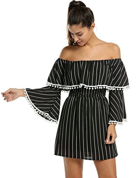 zeagoo women's casual off shoulder striped ruffles strapless short dresses mini dresses, Black;gray