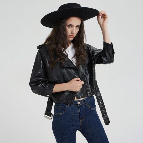 black belted loose short leather jacket autumn wome puff sleeve turn down collar rivet zipper faux jacket 2019 vintage outwares
black belted loose short leather jacket autumn wome puff sleeve turn down collar rivet zipper faux jacket 2019 vintage outwares