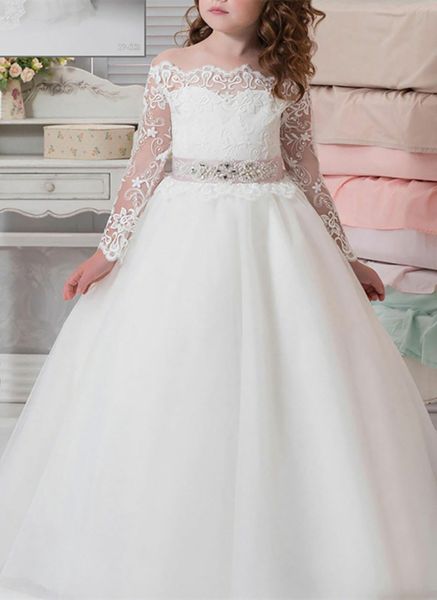 lovely white beaded belt lace flower girl dresses tulle birthday long sleeve first holy communion pageant prom dresses, White;blue
lovely white beaded belt lace flower girl dresses tulle birthday long sleeve first holy communion pageant prom dresses, White;blue