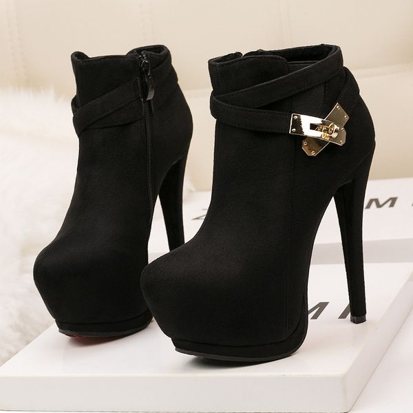 stilettos pointed toe metal buckle platform boots women shoes with thin heel 14cm ankle autumn boots women's high heel, Black
stilettos pointed toe metal buckle platform boots women shoes with thin heel 14cm ankle autumn boots women's high heel, Black