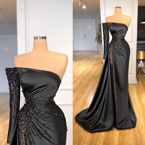 elegant evening dresses one-shoulder long sleeves lace beads satin prom gowns 2021 custom made high side split special occasion wear, Black;red
elegant evening dresses one-shoulder long sleeves lace beads satin prom gowns 2021 custom made high side split special occasion wear, Black;red