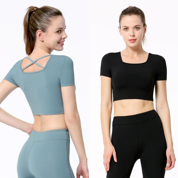 sports short sleeve women fitness crop slim fit yoga shirts square neck solid running shirt sportswear gym clothes, Black;blue 
sports short sleeve women fitness crop slim fit yoga shirts square neck solid running shirt sportswear gym clothes, Black;blue
