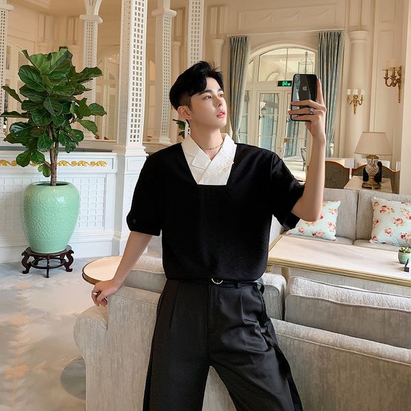 men clothing summer short sleeve v-neck spliced casual pullovers shirt male vintage fashion party show dress shirts, White;black
men clothing summer short sleeve v-neck spliced casual pullovers shirt male vintage fashion party show dress shirts, White;black