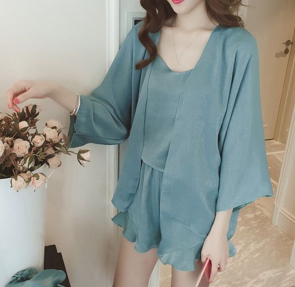 fashion spring summer solid color suspender shirt shorts three piece sets women casual loose thin sleepwear, Blue;gray
fashion spring summer solid color suspender shirt shorts three piece sets women casual loose thin sleepwear, Blue;gray