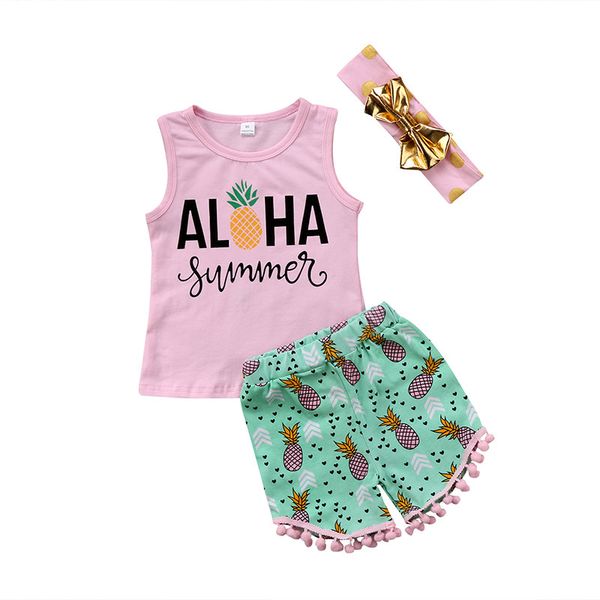 baby girl pink pineapple printed vest kids summer pink sleeveless vest + shorts + headband clothing 3pcs / set, White 
baby girl pink pineapple printed vest kids summer pink sleeveless vest + shorts + headband clothing 3pcs / set, White