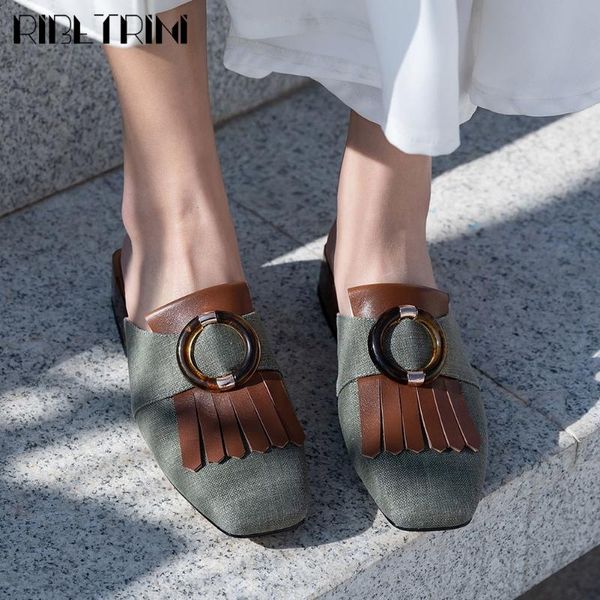 ribetrini female fringe metal slip on shoes genuine leather women pumps elegant office casual pumps, Black