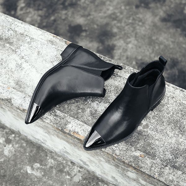 genuine leather women's shoes cowhide square with sharp metal head elastic short boots england flat bottom, Black
genuine leather women's shoes cowhide square with sharp metal head elastic short boots england flat bottom, Black