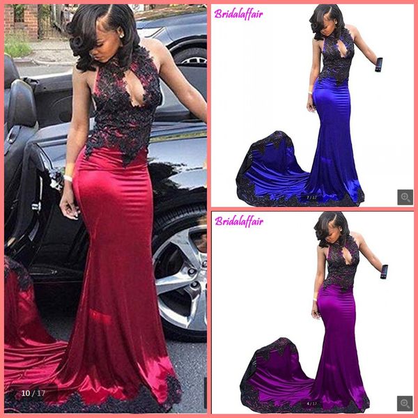 new arrival high neck mermaid lace appliques prom dresses backless halter neckline long elastic satin prom gowns selling 2019, Black
new arrival high neck mermaid lace appliques prom dresses backless halter neckline long elastic satin prom gowns selling 2019, Black