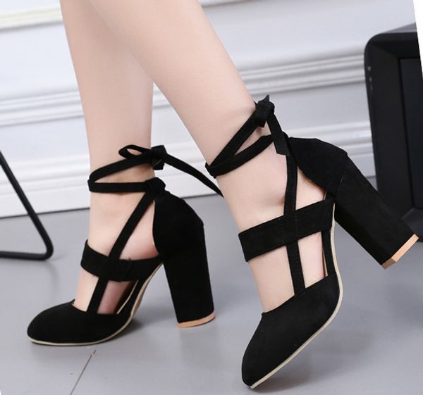 women high heels flock gladiator shoes plus size ankle strap lace up thick heel fashion hollow female party wedding pumps, Black
women high heels flock gladiator shoes plus size ankle strap lace up thick heel fashion hollow female party wedding pumps, Black