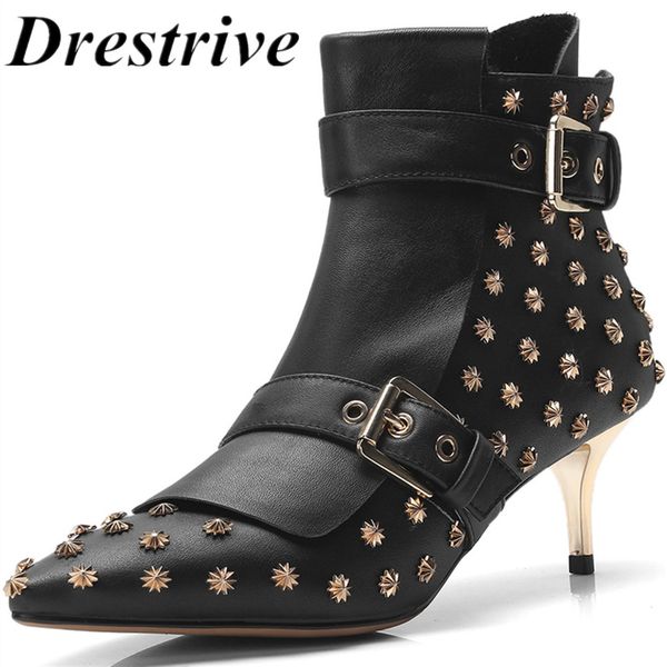 drestrive women ankle boots cow leather thin heels rivet buckle zipper female winter shoes genuine leather spring pointed toe, Black
drestrive women ankle boots cow leather thin heels rivet buckle zipper female winter shoes genuine leather spring pointed toe, Black