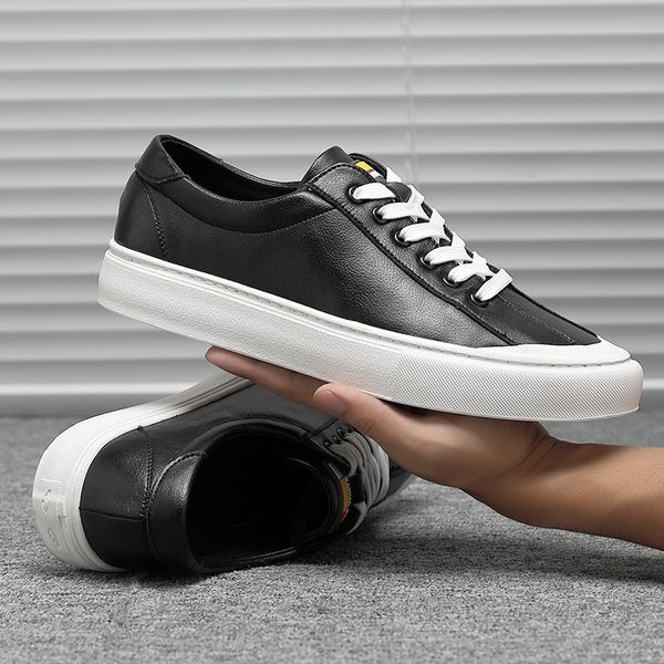 

men casual shoes lace up low cut flats classic sneakers sports shoes genuine leather skateboard footwear student daily tenis, Black