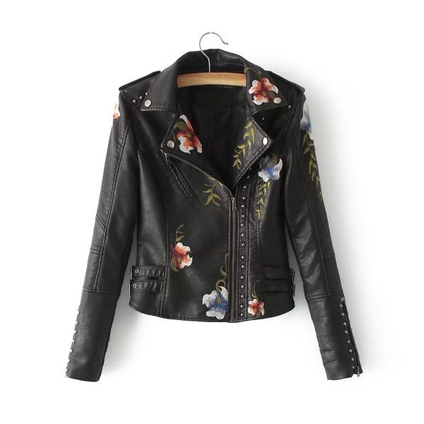 2018 new winter ladies print embroidered rivets zipper pu leather slim short leather jacket women size s, Black
2018 new winter ladies print embroidered rivets zipper pu leather slim short leather jacket women size s, Black